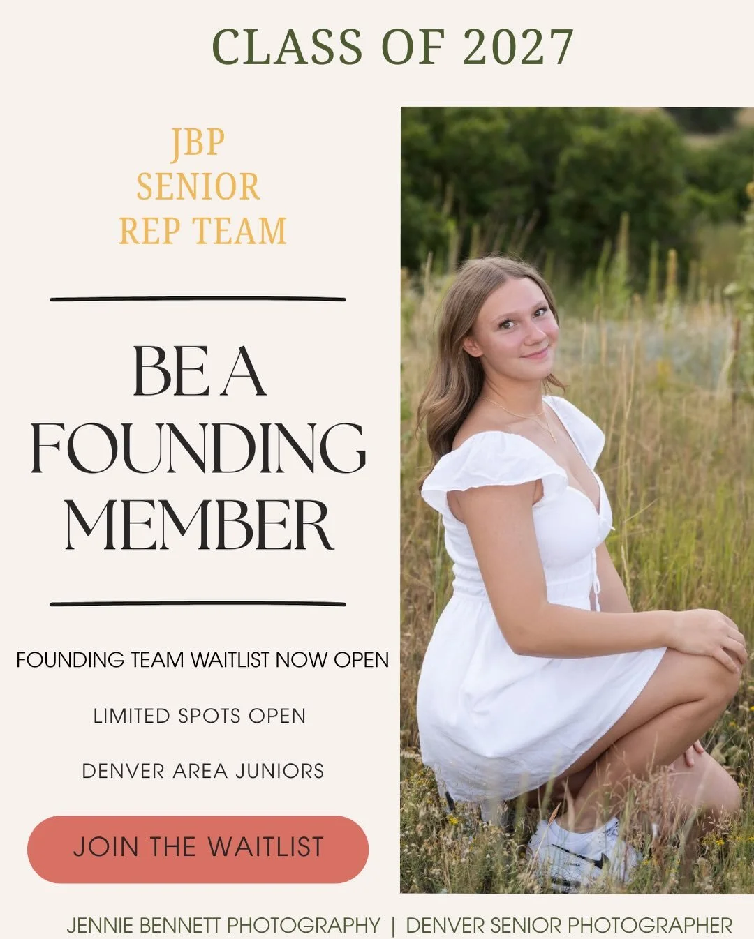 ✨ Class of 2027 ✨
Something special is happening.
I&rsquo;m creating the very first Jennie Bennett Photography Senior Rep Team &mdash; a small group of seniors who will be part of styled photo shoots, creative sessions, and a year of unforgettable se