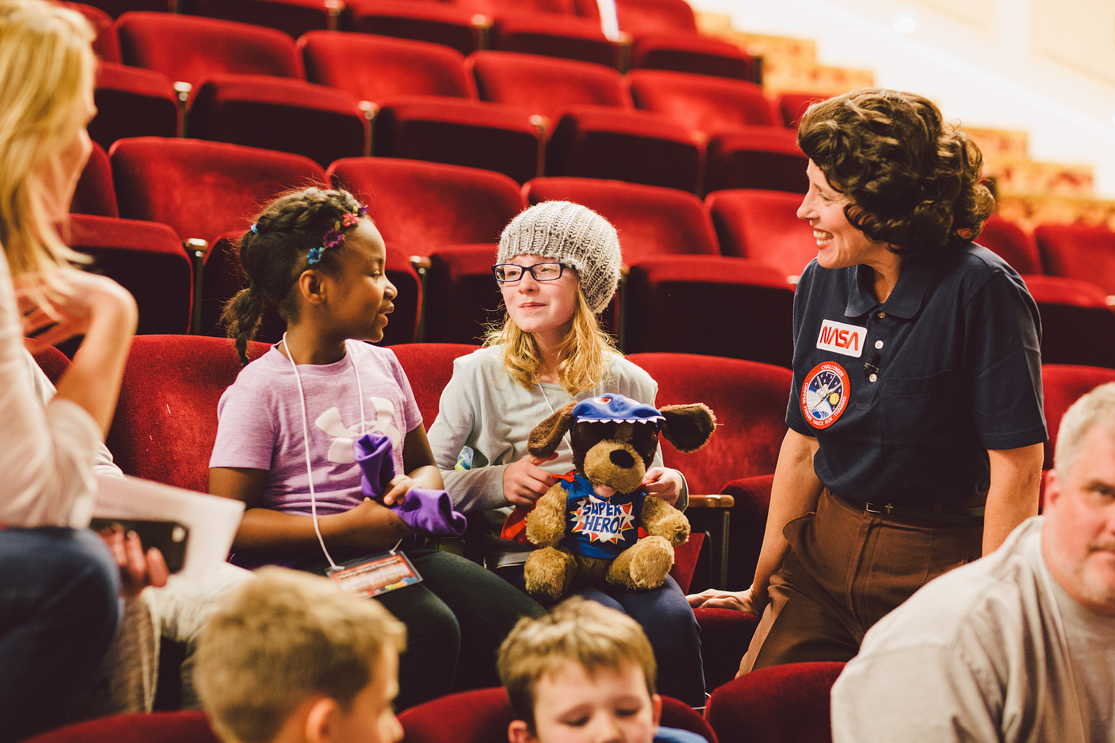 Mary Ann Jung as Sally Ride talks to some of the inspired young girls in the audience, at the National Archives.
