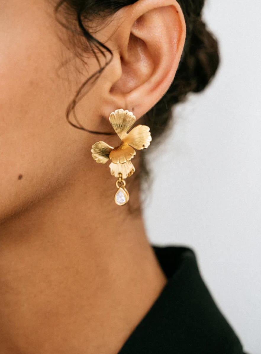 Maison Sabben Valentine Earrings Gold Floral and Crystal drop.png