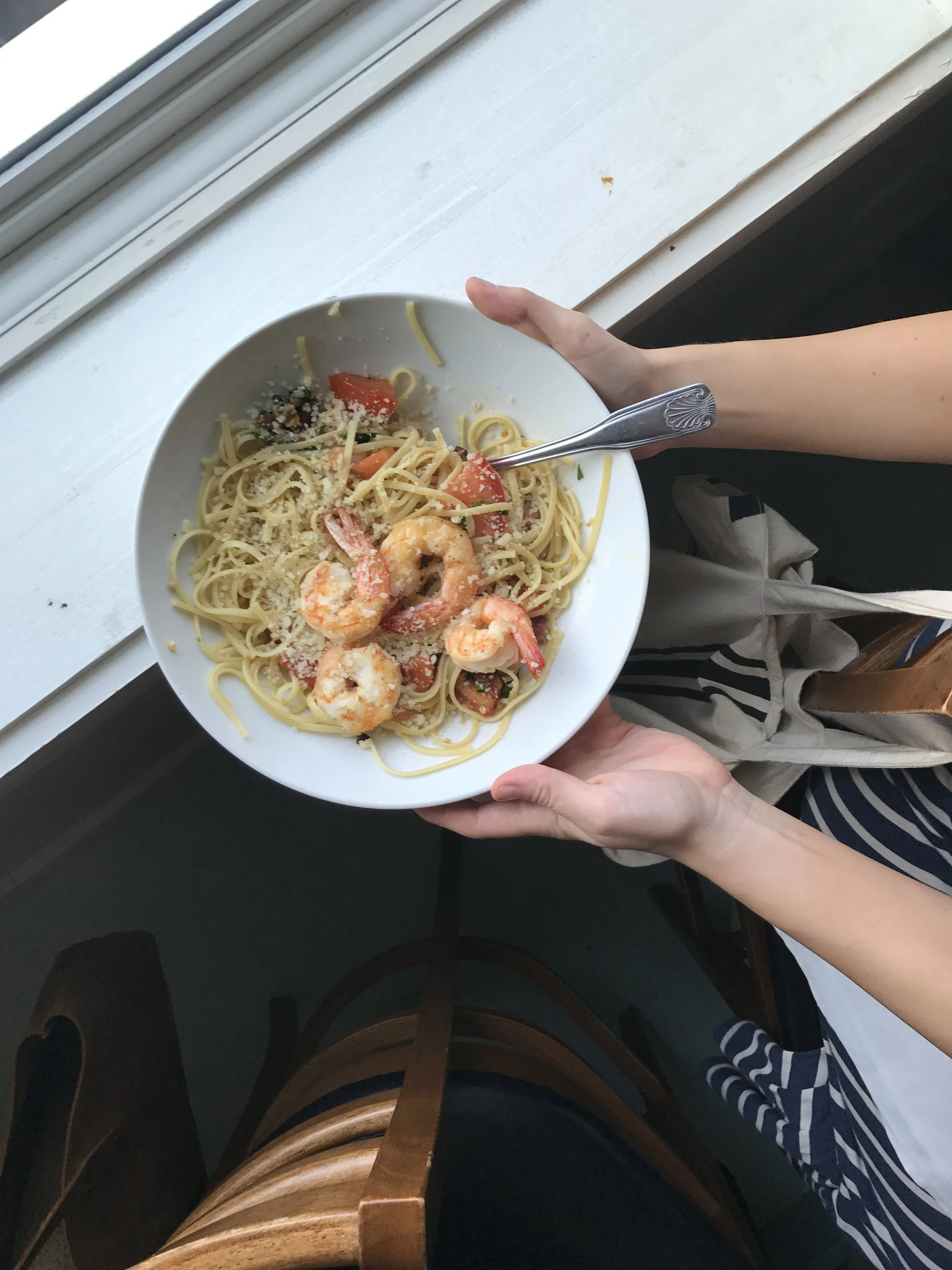Shrimp Linguine with tomatoes, pancetta, basil and parmesan