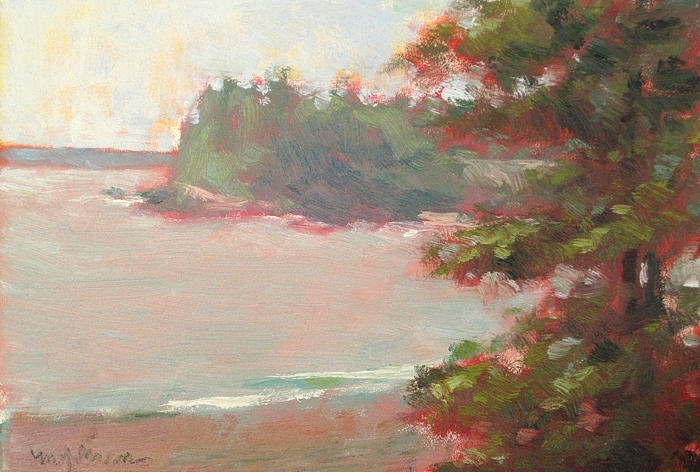 "Morning at Raccoon Beach" 5x7, oil 
