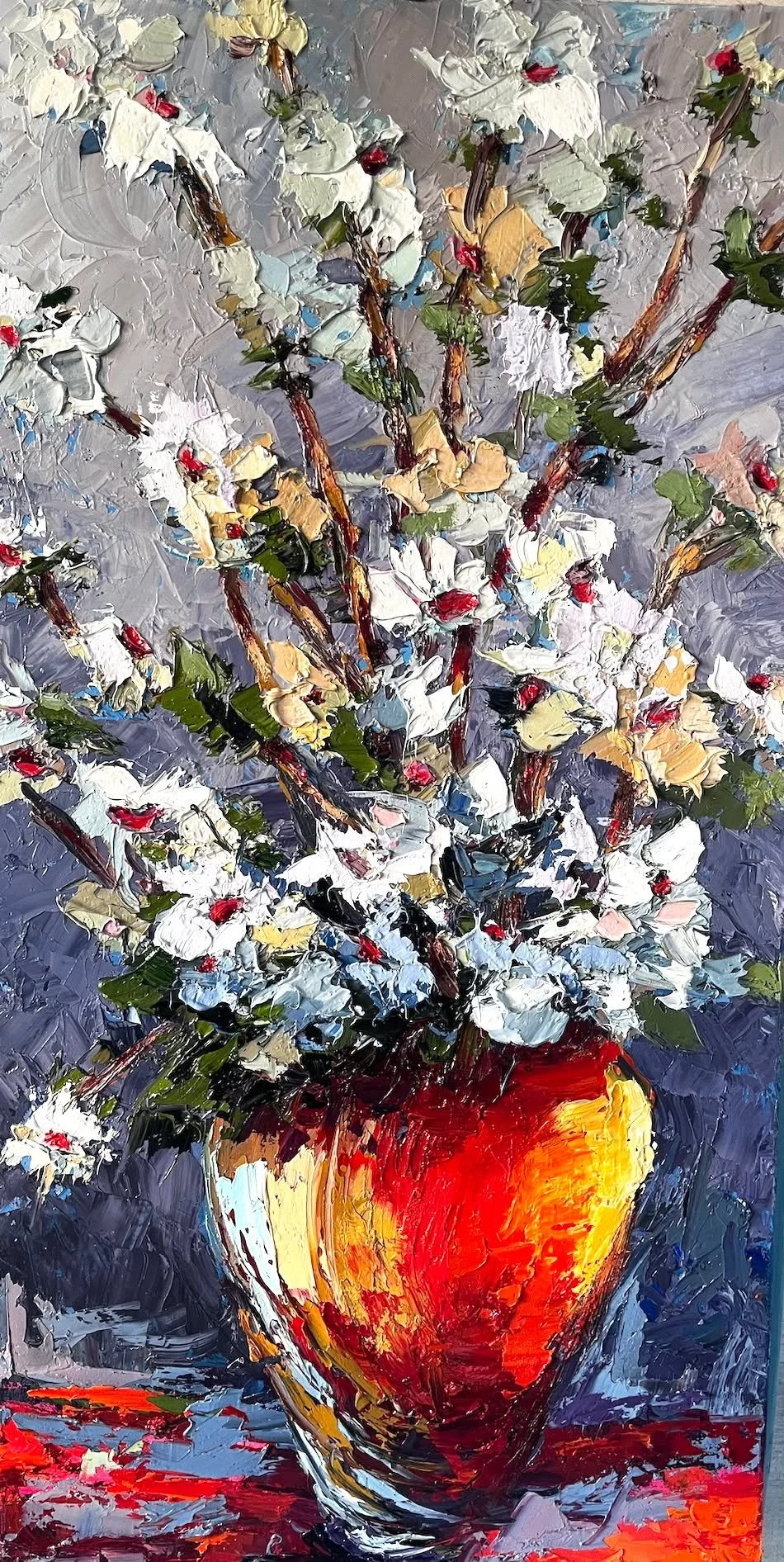 Hot off the easel! White Booms  Dancing 15 x 30 Click here to purchase 
https://www.dawnart.com/shop/white-blooms-dancing