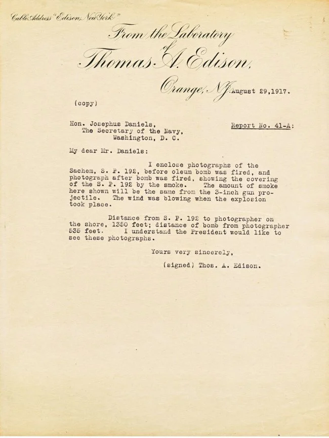 Photo “Letter from Thomas Alva Edison to Josephus Daniels, August 29th, 1917,” Edison Papers Digital Edition, http://edison.rutgers.edu/digital/document/X128C41C.