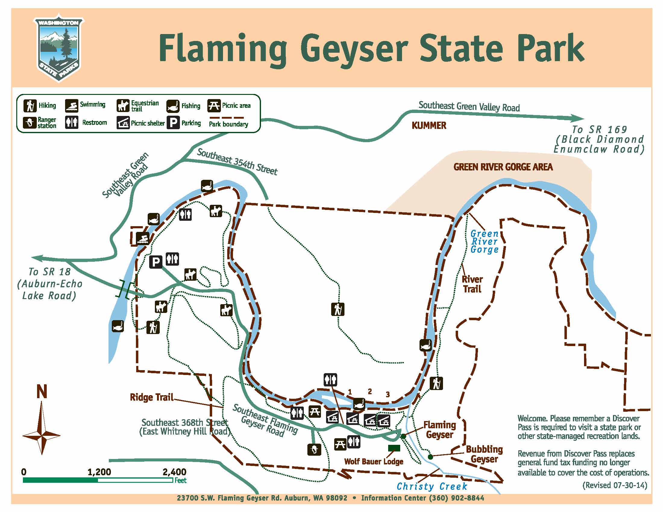 Map of Flaming Geyser State Park. Trail is on the north side of the park off of SE 354th Street.