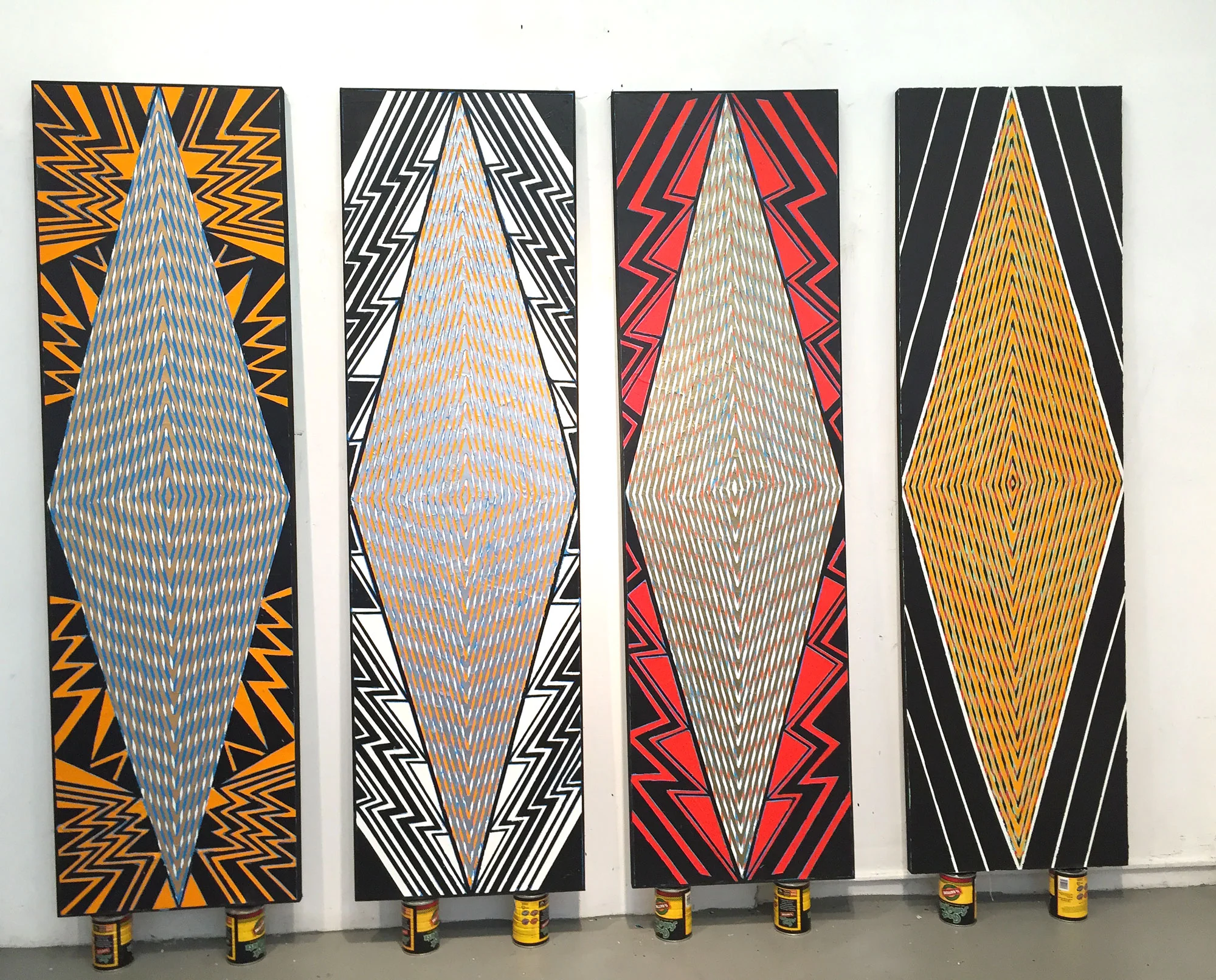 2015-16 "Tall Diamonds" (New York/ London/Brussels/Paris) Acrylic on Canvas Each 84H x 24W
