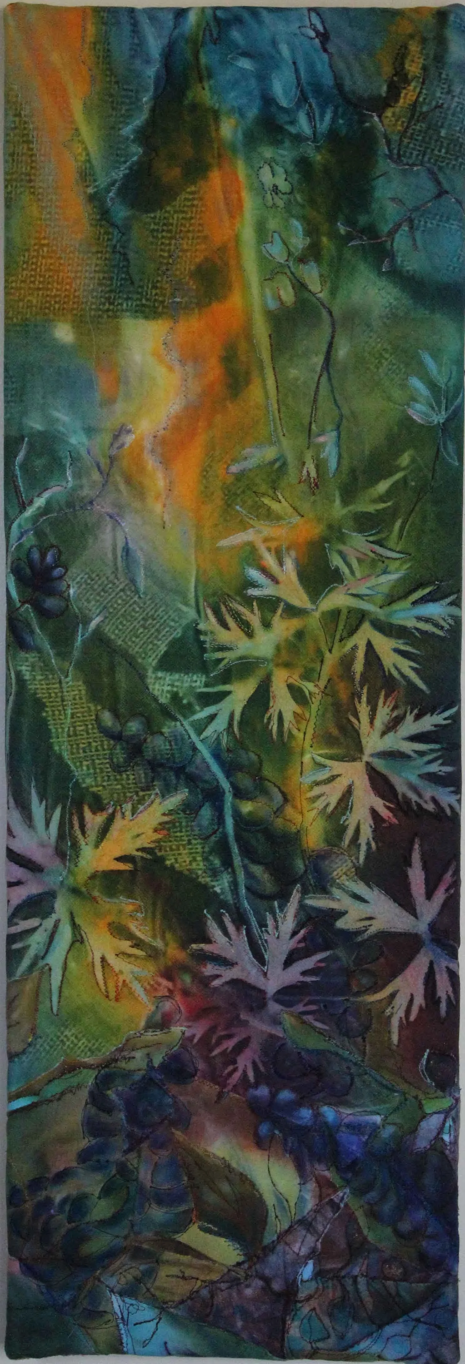 hand dyed onto 100% cotton, quilted, some stenciling, applique, drawing and free motion thread painting. Stretched onto 12 by 36 canvas. $350.00