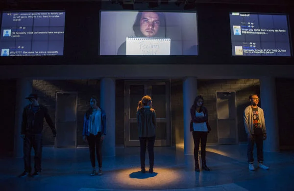 The Burials photo by Michael Brosilow for Steppenwolf Theatre Company Matt Farrabee, Ty Olwin, Stephanie Andrea Barron, Olivia Cygan, Becca Savoy, Joel Boyd, projections by Joseph Burke