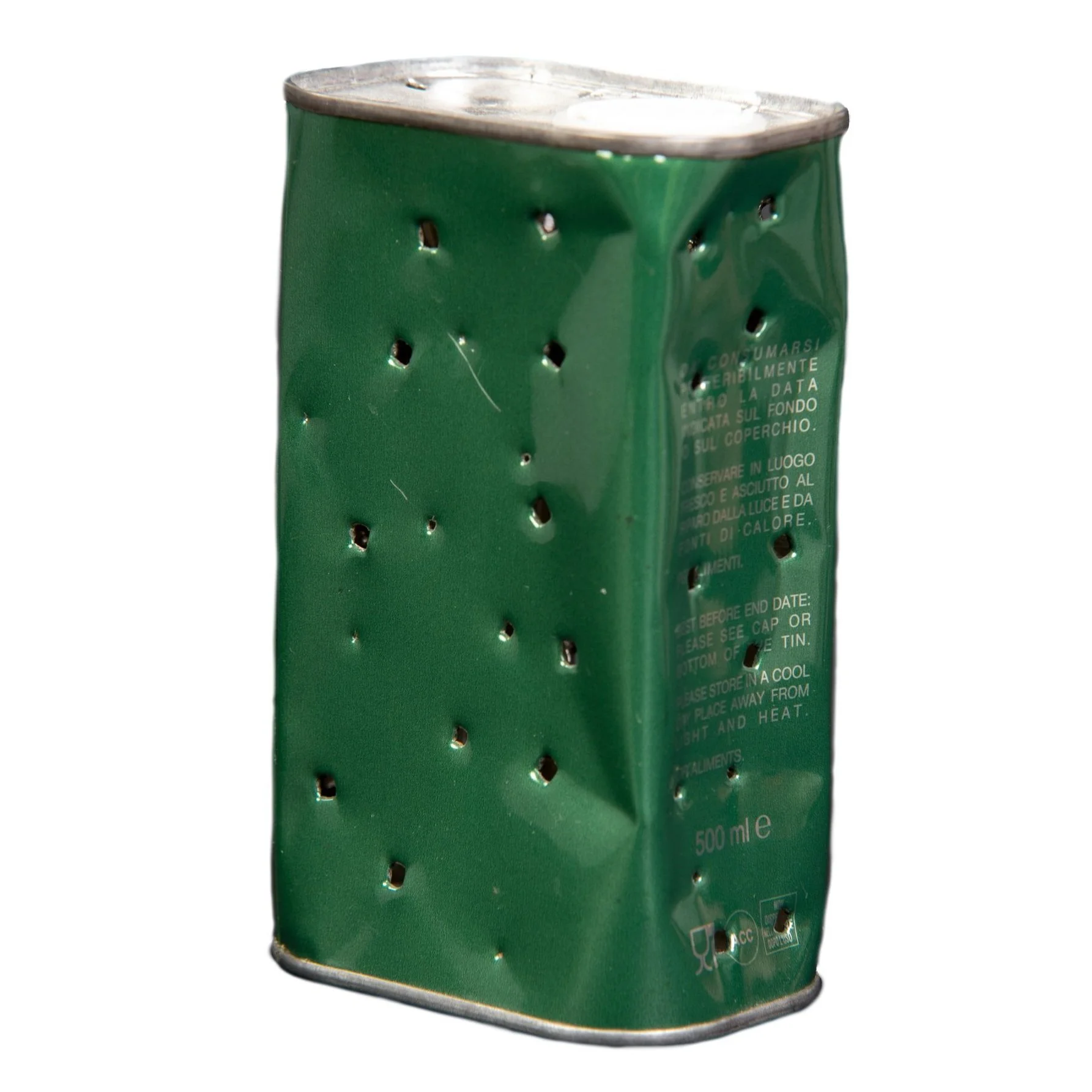 EMILIO PRINI, "Untitled", 13,5 x 8 x 5 cm, 250 ml olive oil can,  punctured, 2011.