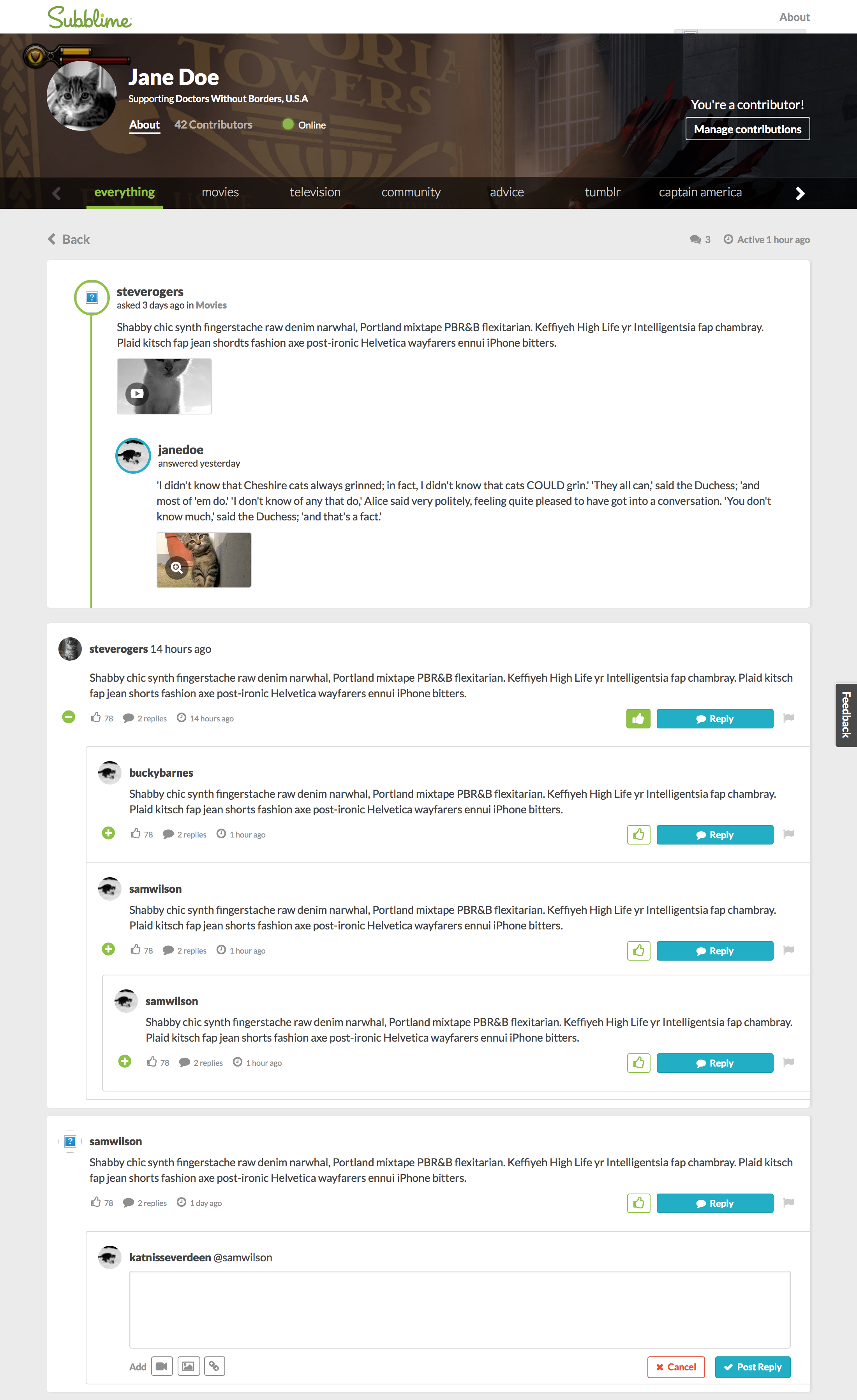 Front-end prototype of conversation page with topic threads.