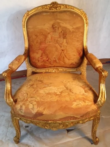 original tapestry textile on chair back, copy on seat and armrest