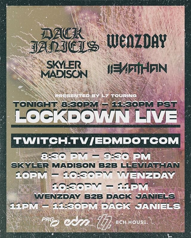 Surprise! 🥳 That&rsquo;s right. We&rsquo;re doing a second stream tonight at 8:30pm! Lockdown Live! Kicking things off with @djskylermadison &amp; @lleviathanmusic then with @wenzdaymusic &amp; @dackjaniels B2B!
.
Be sure to tune in at twitch.tv/edm