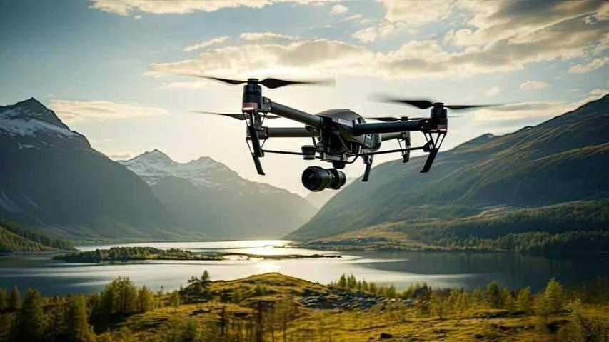 Drone flying over a scenic landscape with mountains, lake, and forest.