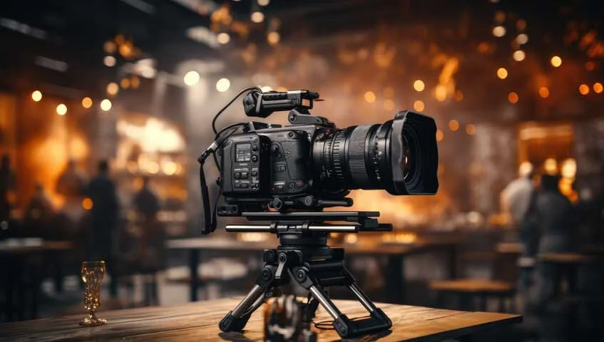 Professional video camera on tripod set up on a wooden table in a lively indoor setting with blurred people and warm lighting in the background.