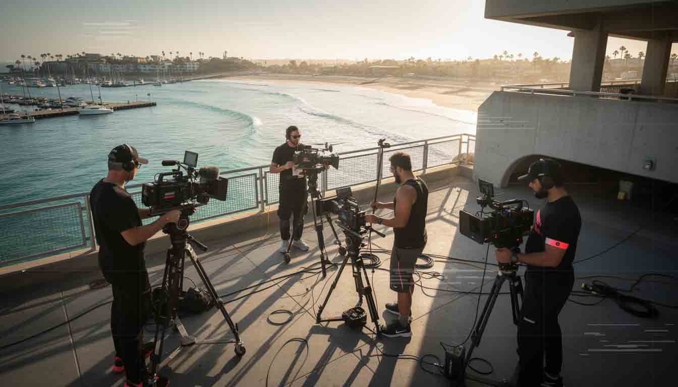 Videographers setting up cameras on a balcony overlooking a marina and waterfront, with boats docked and palm trees in the background during sunset.
