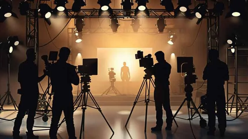 Silhouetted camera crew filming a scene in a studio with bright stage lights and a person in the background.