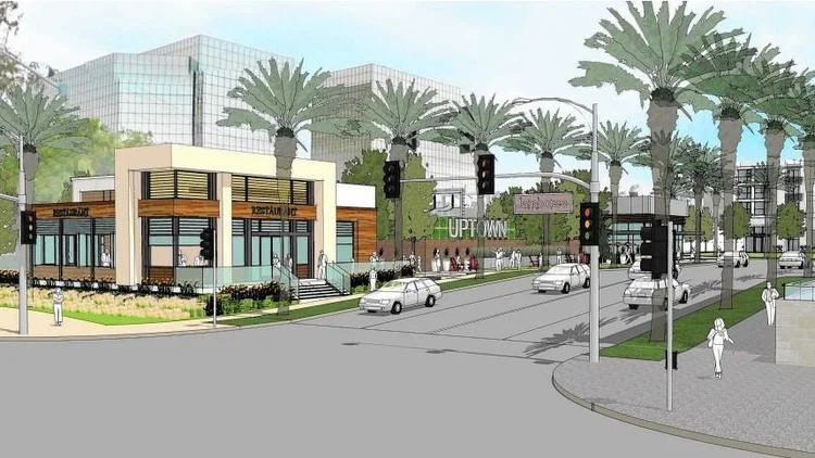 A rendering depicts the Uptown Newport project along Jamboree Road near John Wayne Airport. The development is planned to have about 1,250 residential units, 10,700 square feet of retail space and two 1-acre parks. (Courtesy city of Newport Beach)