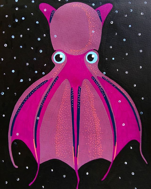 Finally had some time to finish this guy. Its a vampire squid. Another deep sea inhabitant. He lives in an oxygen minimal zone and mainly lives of ocean snow. The 'snow' flakes are dead fish particles floating down from above.
.
.
.
#illustration #il