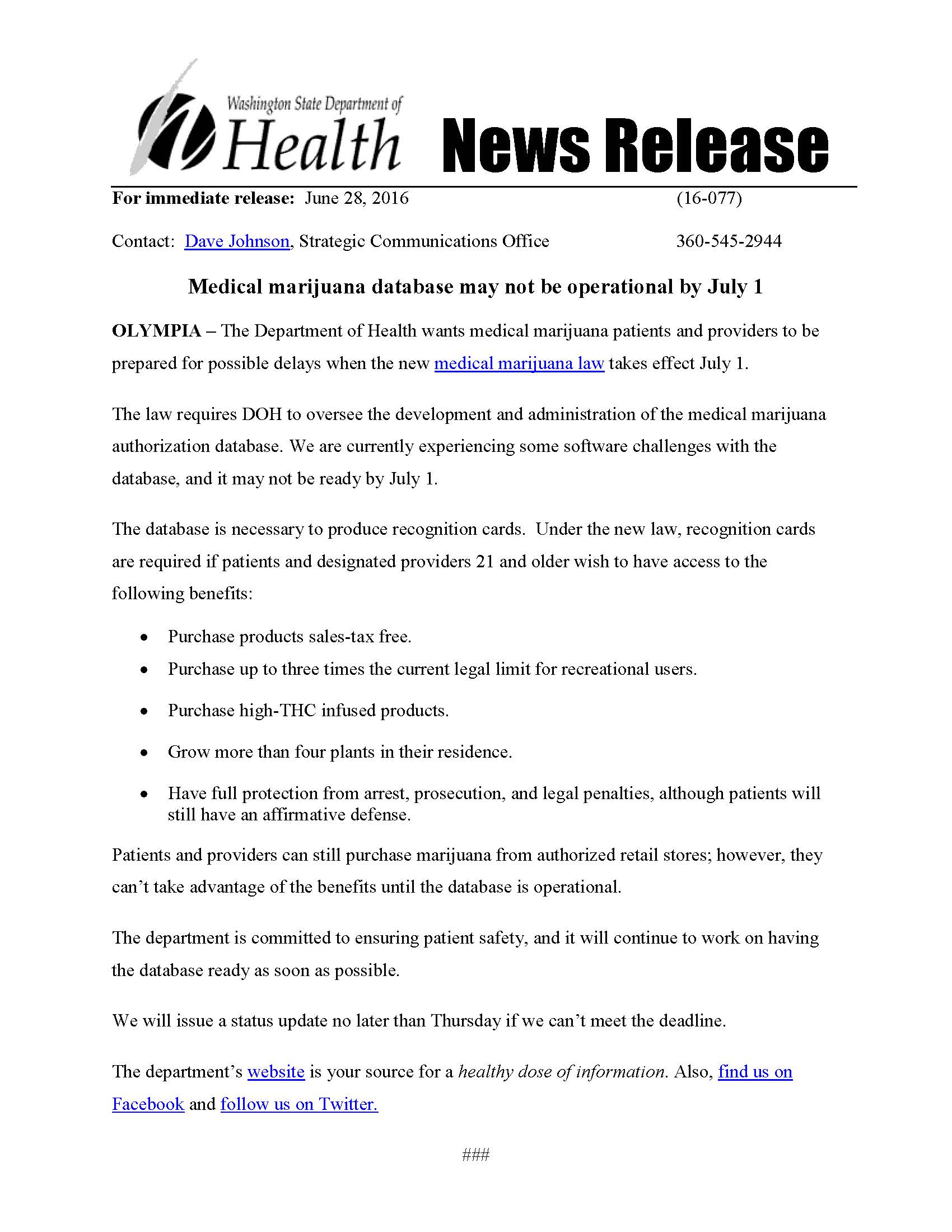 Washington Department of Health Medical Marijuana News Release