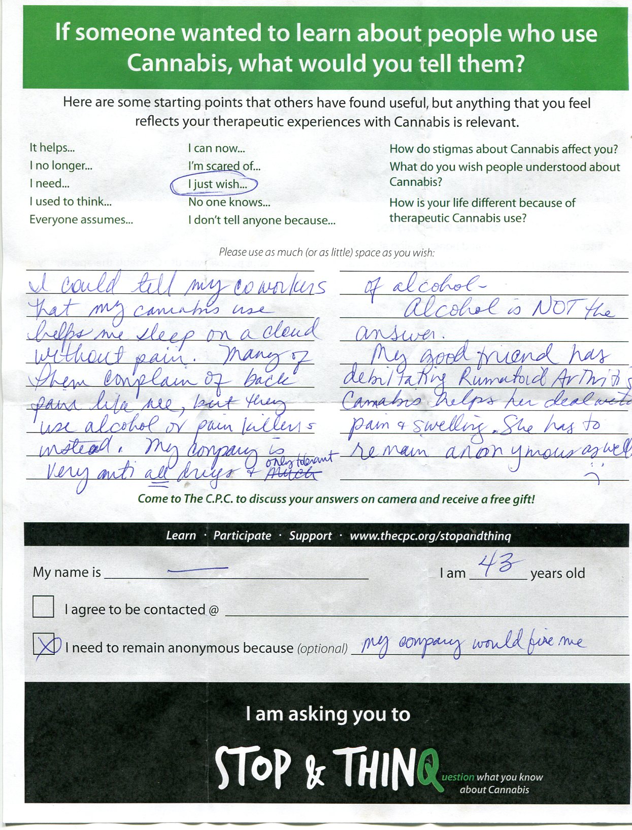 Handwritten Stop and Thinq form about cannabis use and chronic pain.jpg