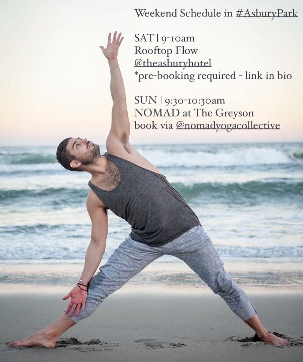 See you this weekend, #asburypark ✌🏼
.
.
.
.
.
#yoga #yogainstructor #yogateacher #yogaschedule #weekendyoga #weekendflow #yogainspiration #yogisofinstagram #boysofinstagram #boysofyoga #menofyoga #menatyoga #trikonasana #trianglepose #nomadyiga #no