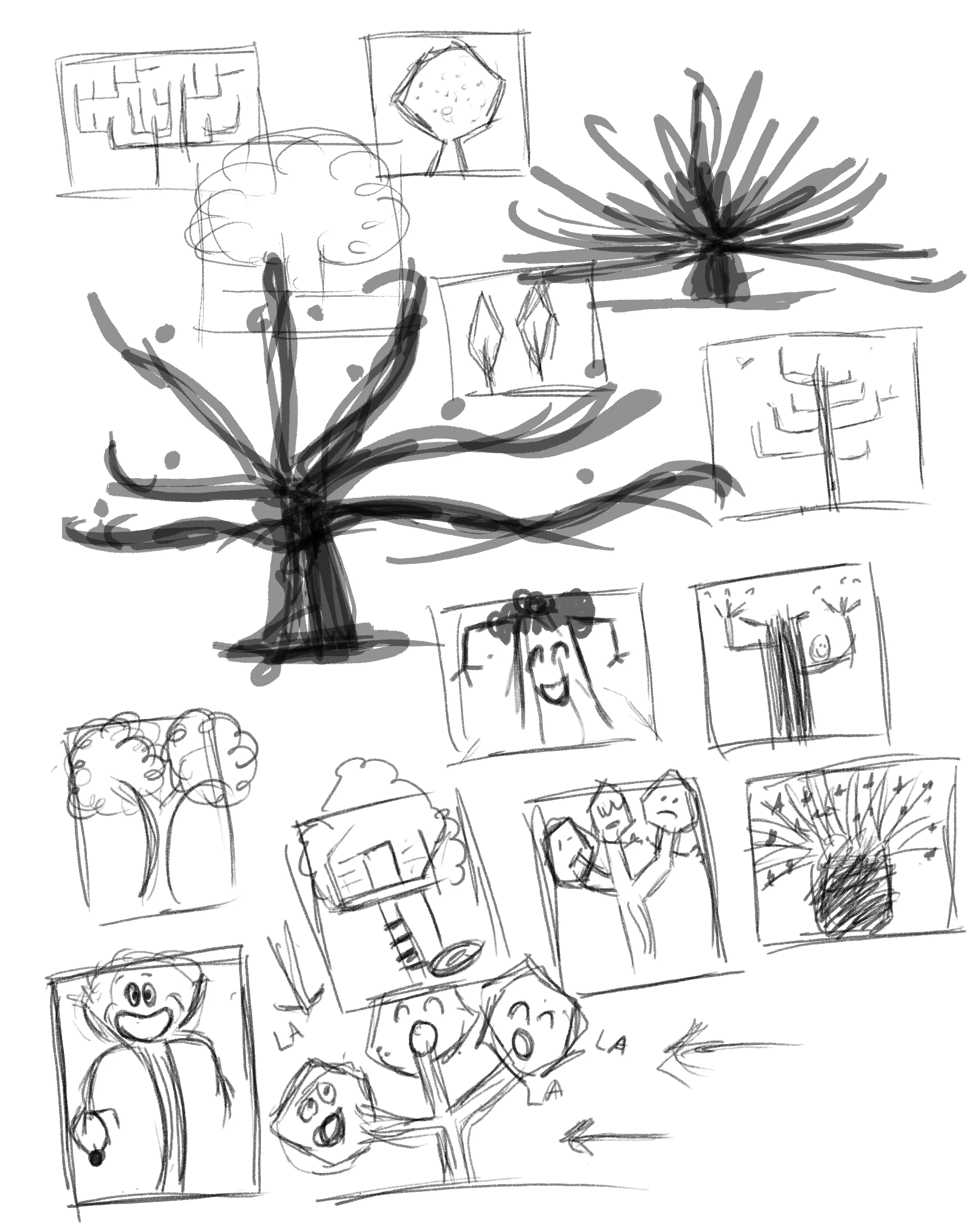 First messy sketches and thumbnails - I was really trying to get them to experiment a lot with their trees.