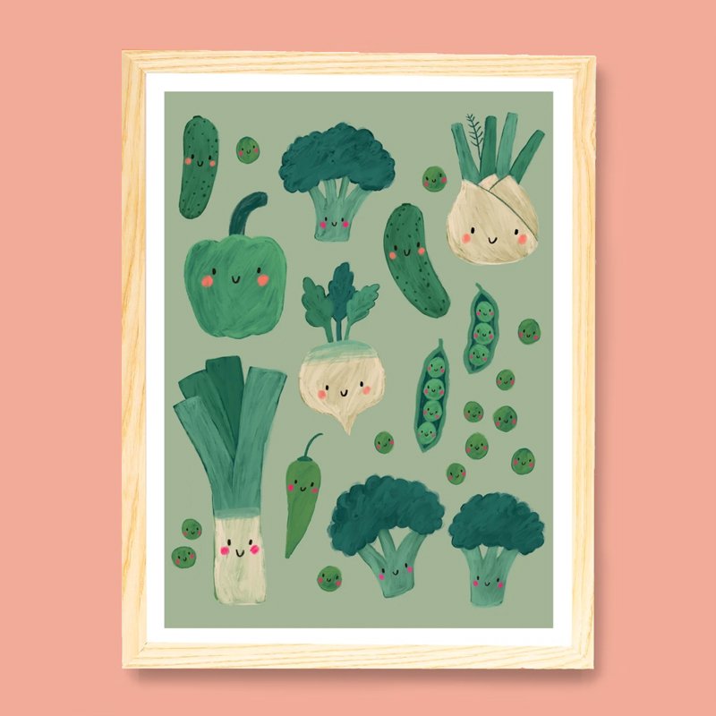 HAPPY GREEN VEG WALL ART PRINT BY KATE MCFARLANE