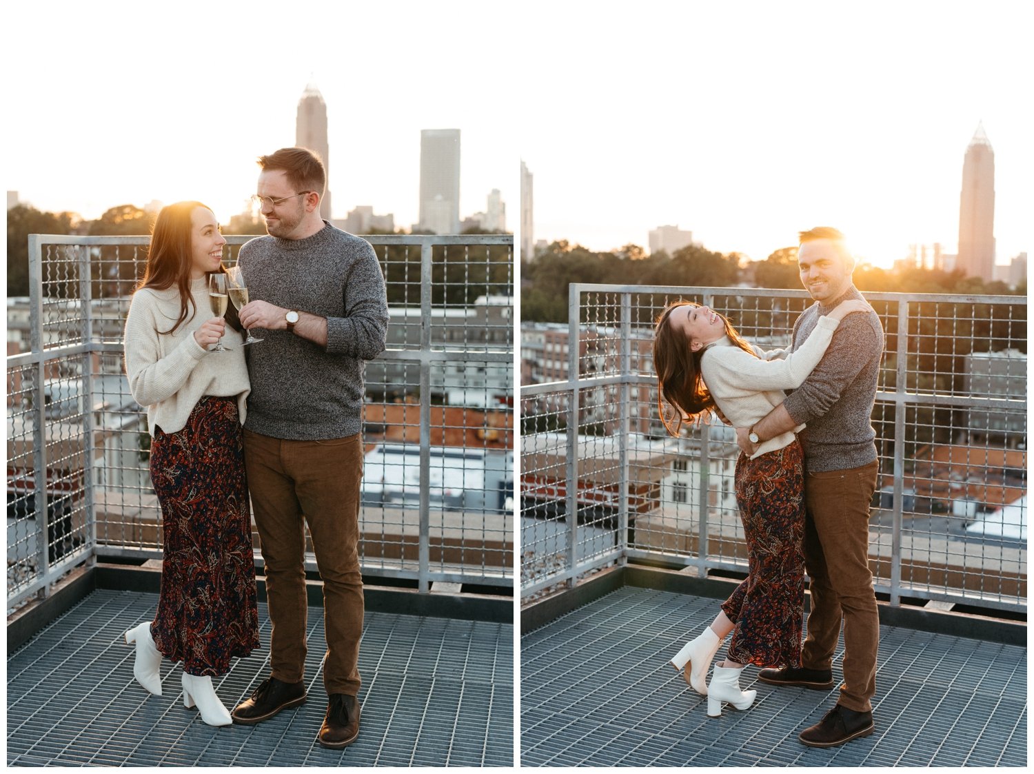 Atlanta engagement photos of a champagne toast at sunset