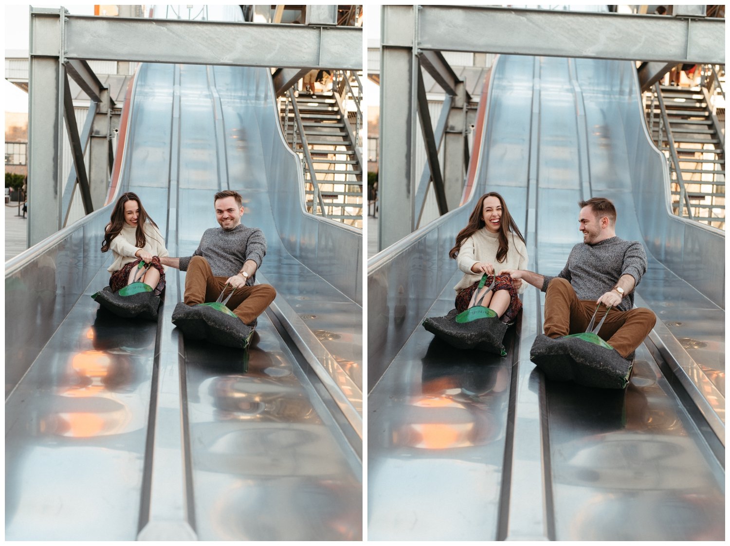 The couple holds hands as they ride a slide during Atlanta engagement photos