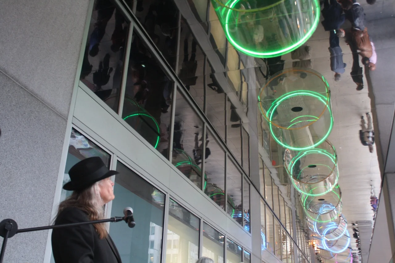 Michael Hayden, Generators of the Cylinder, 1982, 270′ x 11′, Cylinders: 4′ x 4′ x 2′, infrared sensors, holographically etched polycarbonate, stainless steel panels and neon lights