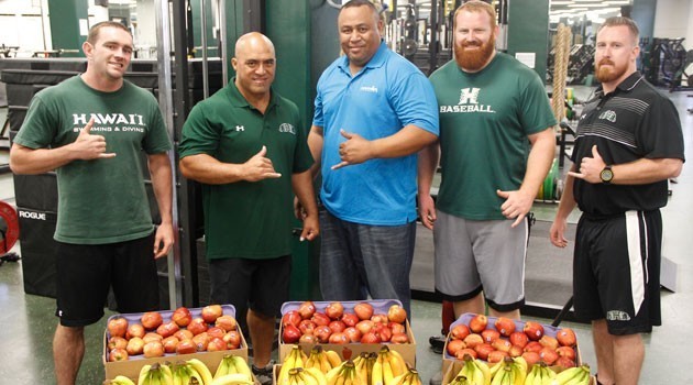   From left: UH Strength &amp; Conditioning staff Matt Cox, Thomas Heffernan, Armstrong Produce Driver Supervisor Epi Mose, Josh Elms, and Hank McDonald  