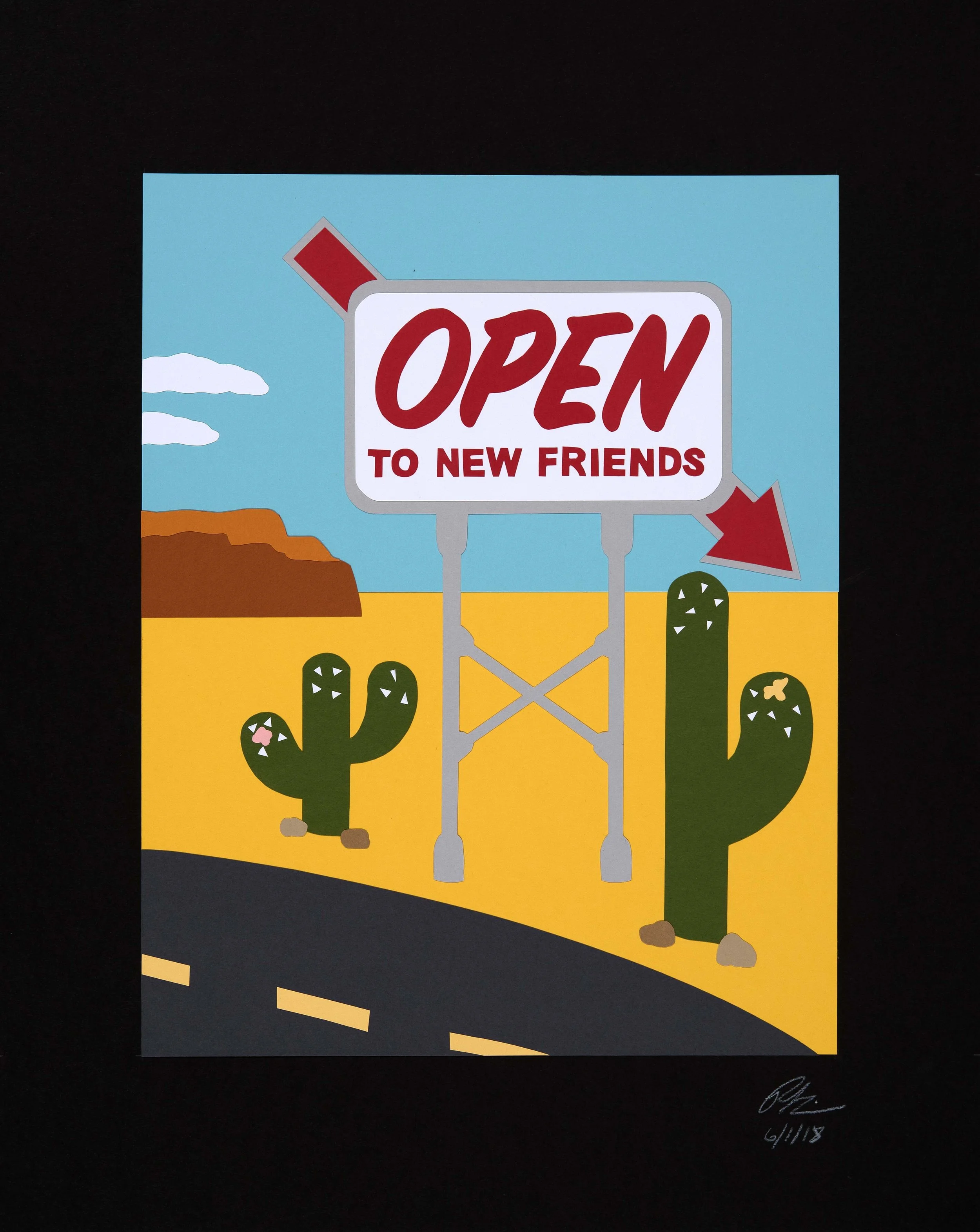 Open To New Friends Paper Collage on Mat Board 14” x 11” Collage on 20” x 20” Mat Board $950
