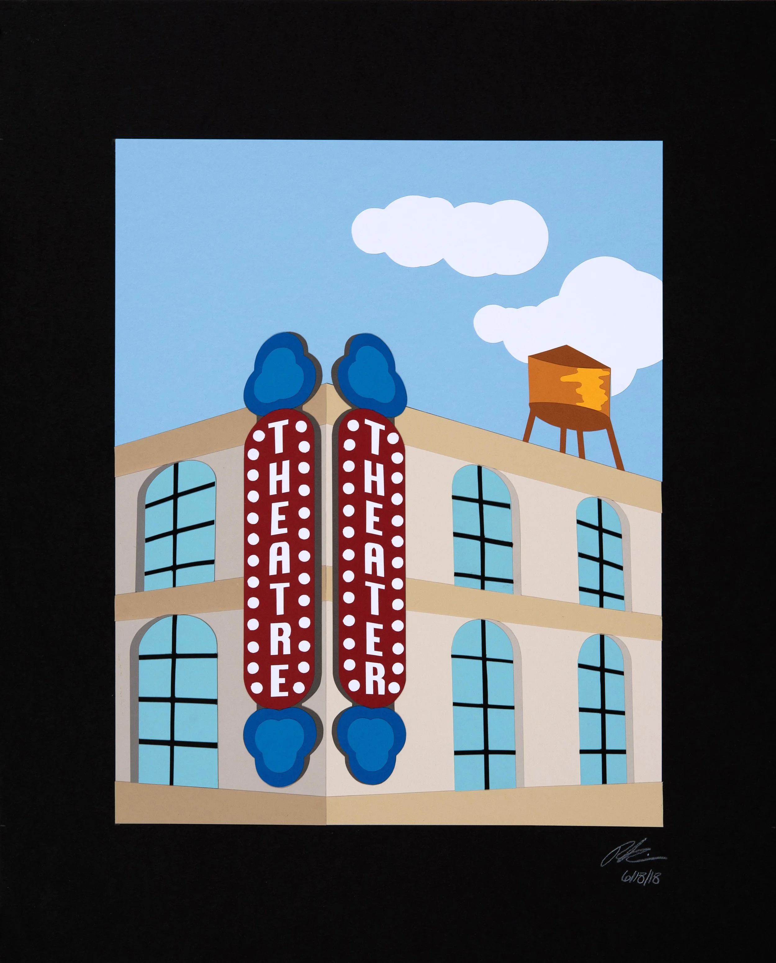 Theatre, Theater Paper Collage on Mat Board 14” x 11” Collage on 20” x 16” Mat Board $950