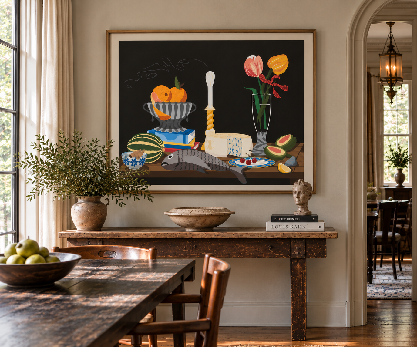 Contemporary food still life displayed above a wood console in a traditional dining room.