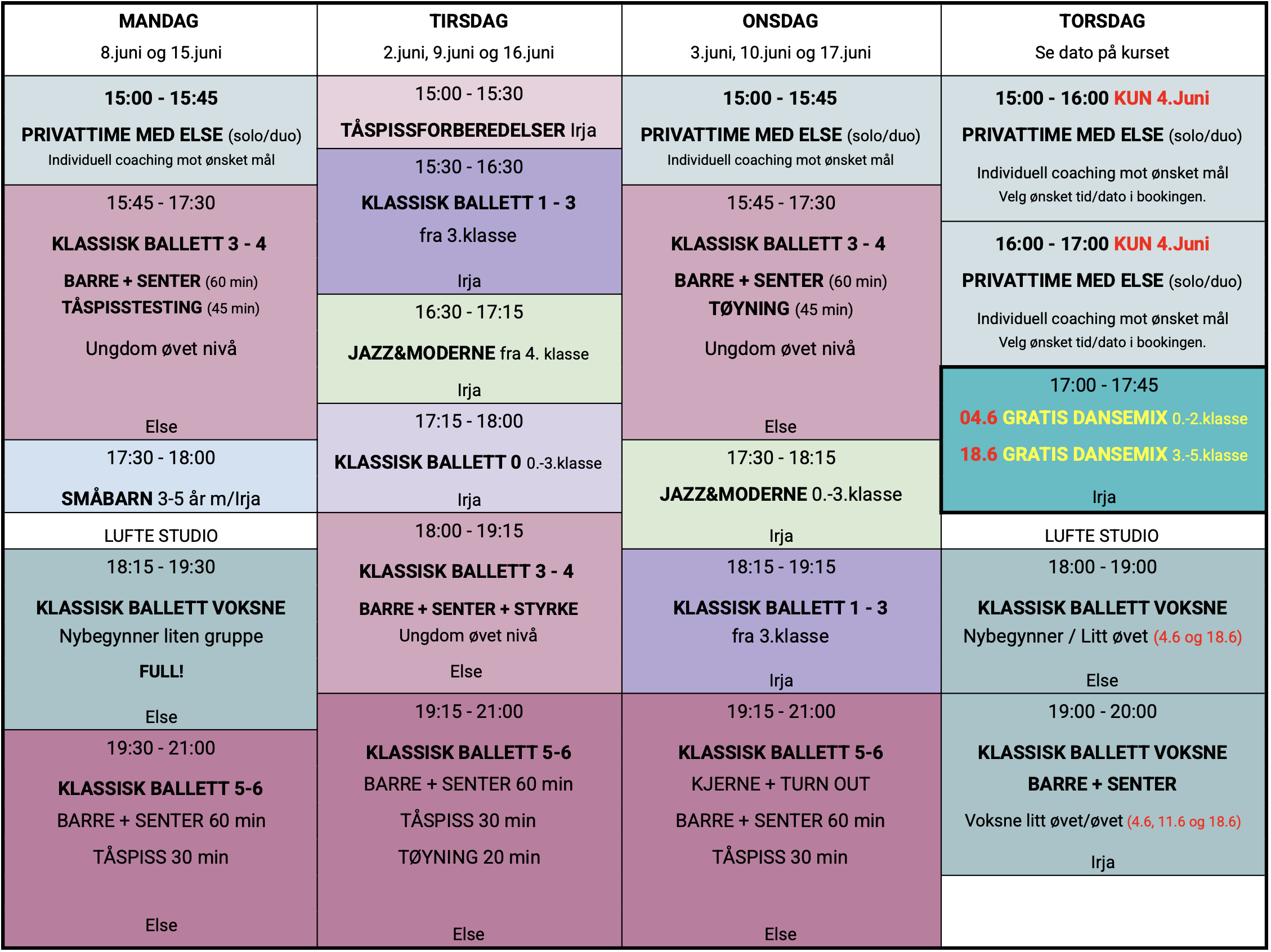 Timeplan for sommersemester i Ballett, Jazz og Moderne dans