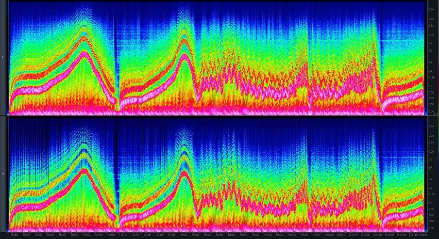 These are spectral view screenshots from @izotopeinc RX 10 of newly digitized recordings created in the 1950s and 1960s using custom designed and built circuits. They were recorded onto 1/4&rdquo; analog tape, mostly at 7.5 and/or 15 ips. When I say 