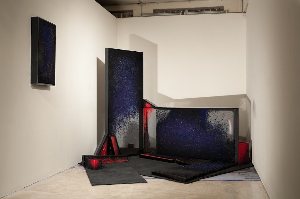 15. Georgina Cue, The Centre Doesn't Hold, 2014, Embroidery on Tapestry Canvas, Aerosol, Carpet, MDF, Dimensions Variable.jpg