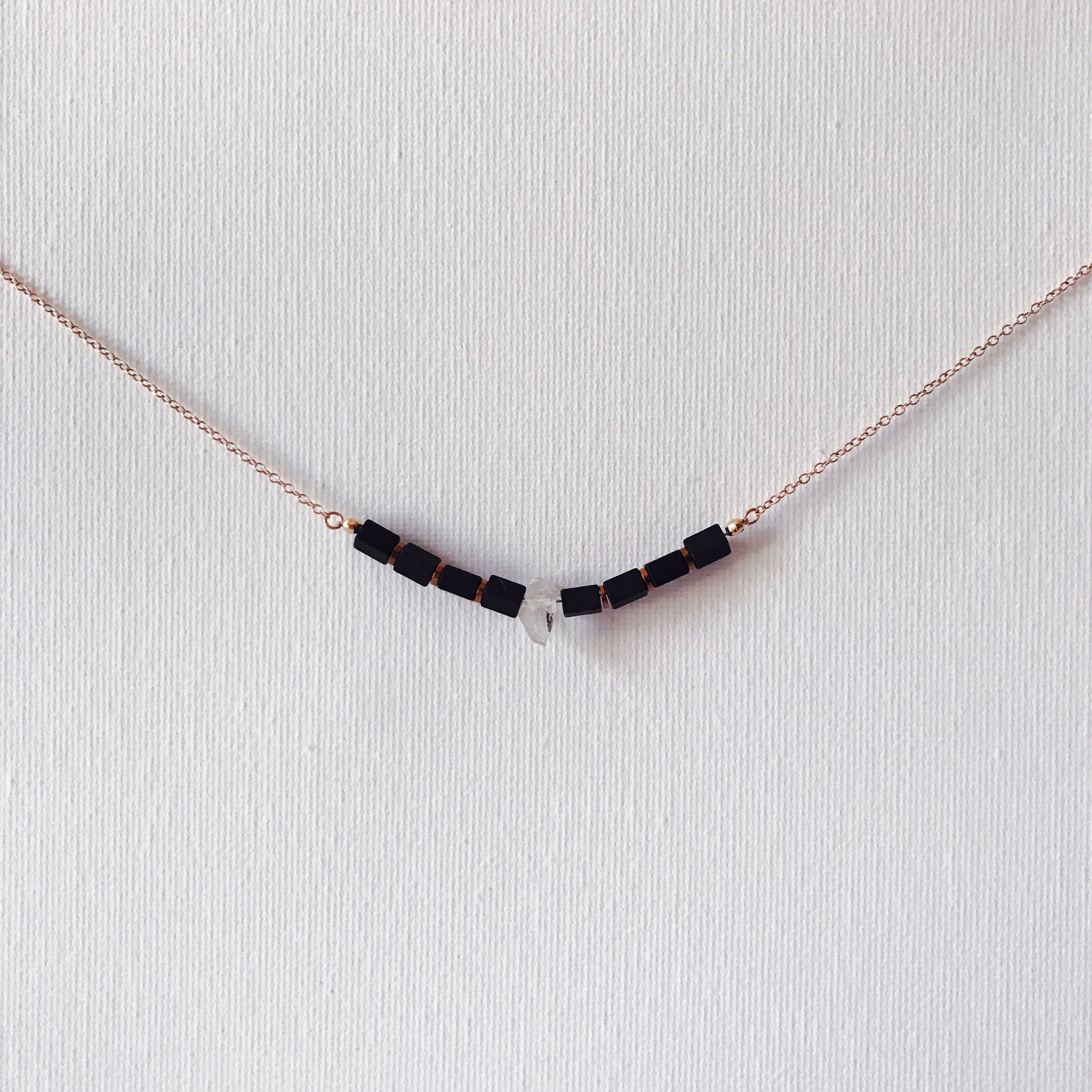 Handmade Onyx and Herkimer Diamond Necklace on Rose Gold Chain