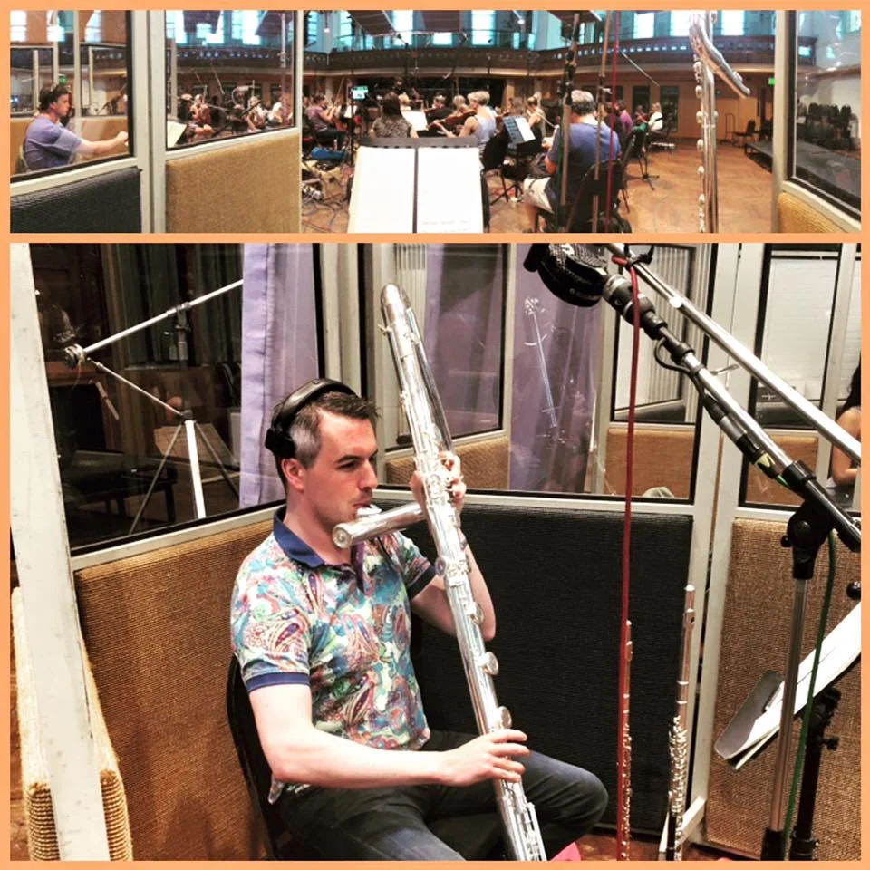 Gareth McLearnon recording contrabass flute at AIR Studios London