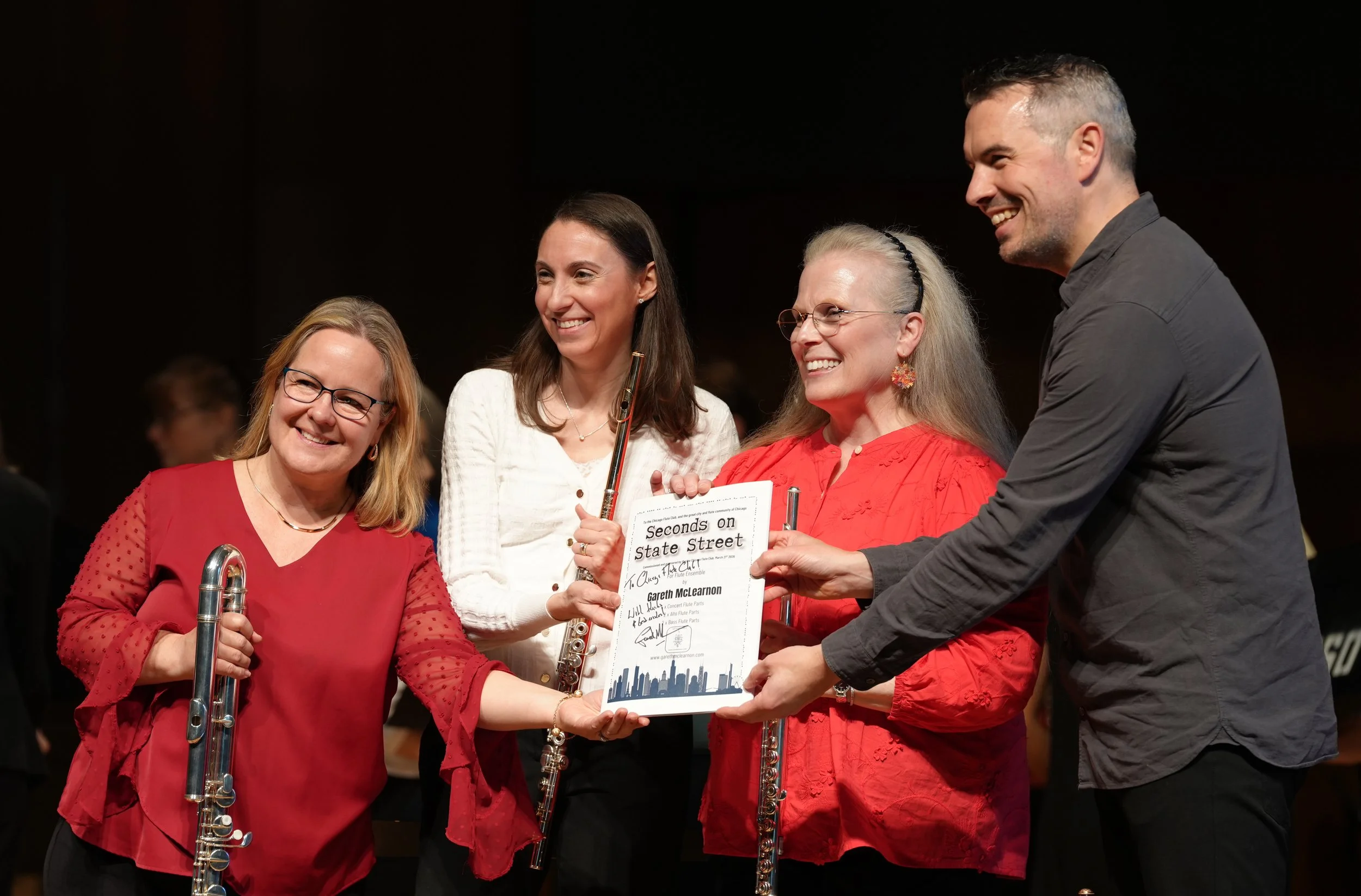 Presenting Seconds on State Street to Chicago Flute Club board members Kim Fleuchaus, Ellen Huntington and Johanna Beth Sennett