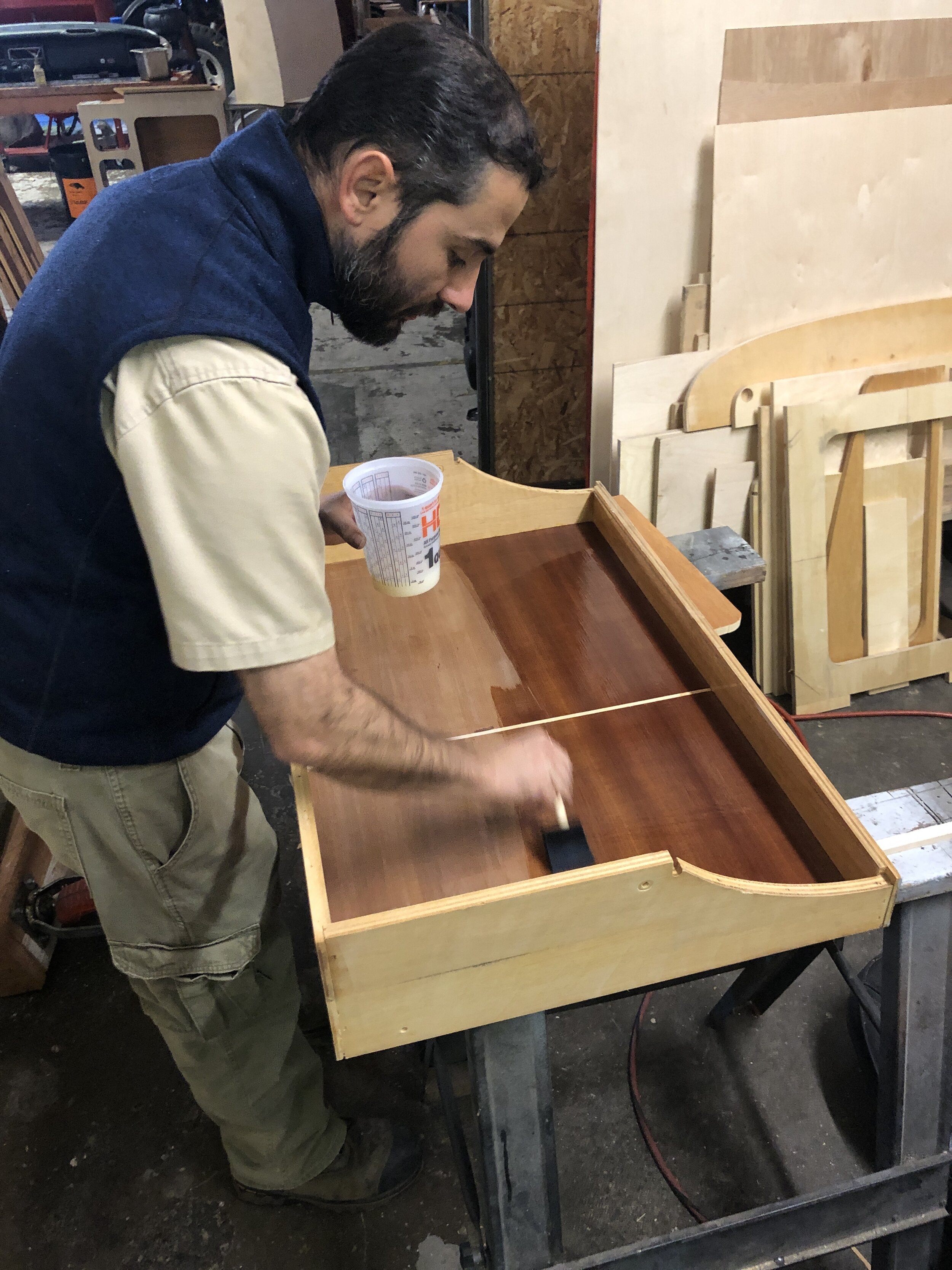 Custom cabinetry building involved restoration of some original Westphalia camper cabinets and design/build of new ones that incorporated the clients wish list.