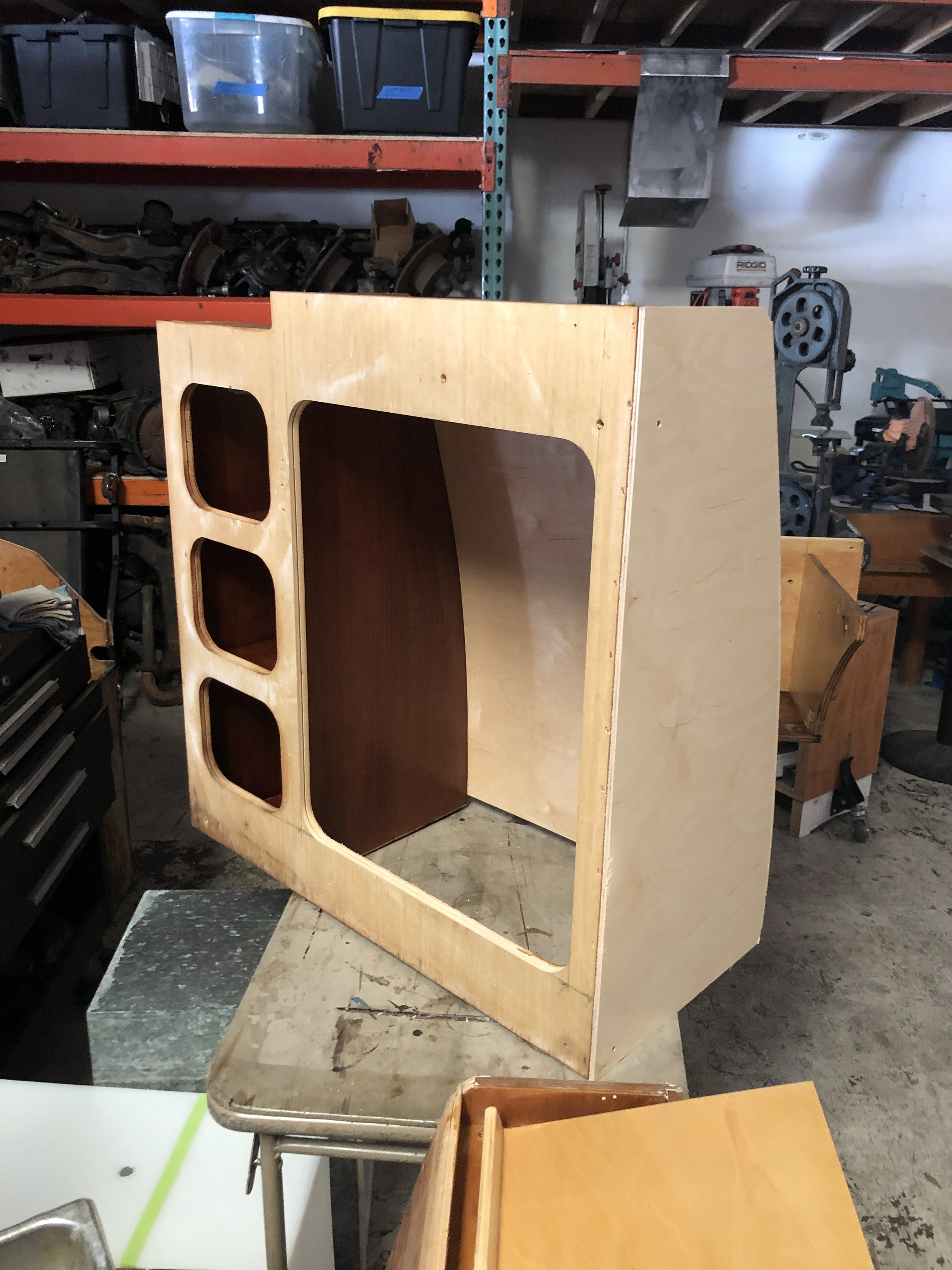 Custom cabinetry building involved restoration of some original Westphalia camper cabinets and design/build of new ones that incorporated the clients wish list.