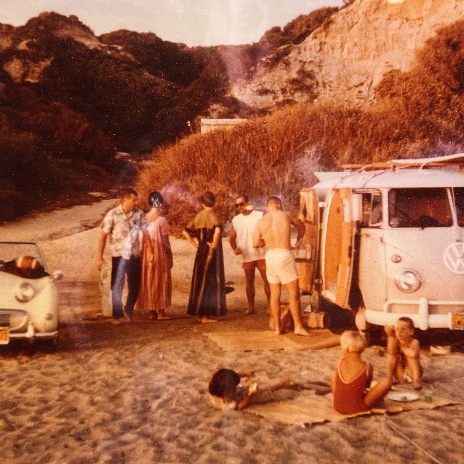 San Onofre State Beach, early sixties I&rsquo;m guessing cuz the kids on the blanket in the foreground were born in 1955. Bill&rsquo;s twin Bro n Sis, Kenny and Patty.

This is the first VW bus that Bill ever experienced. That&rsquo;s his dad Bill, w