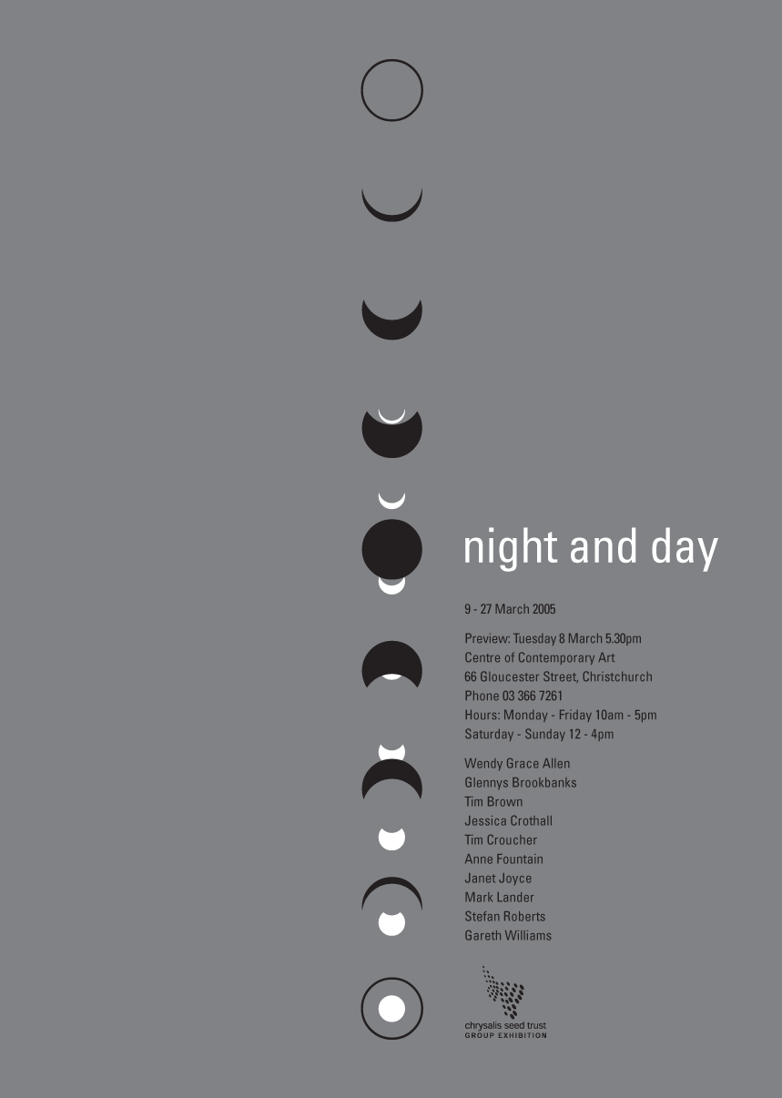 Night and Day exhibition – Logo / poster / postcard design for Chrysalis Seed group exhibition, CoCA, Christchurch