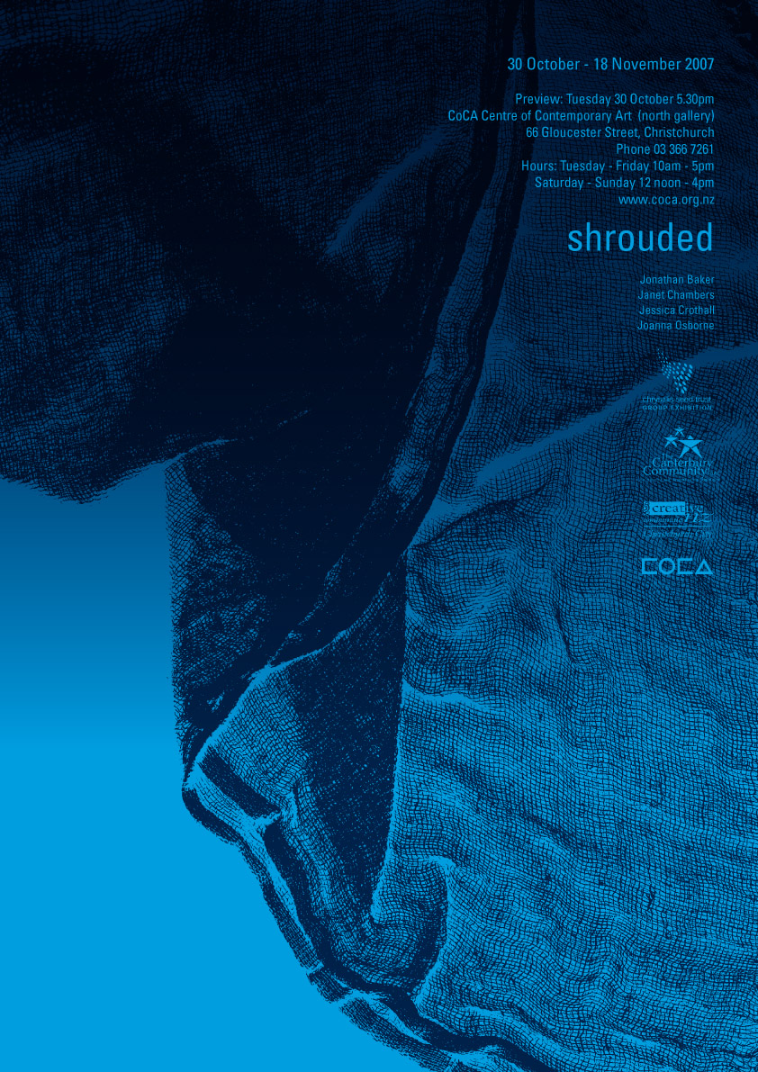 Shrouded - exhibition poster / postcard for Chrysalis Seed Trust group exhibition, CoCA, Christchurch.