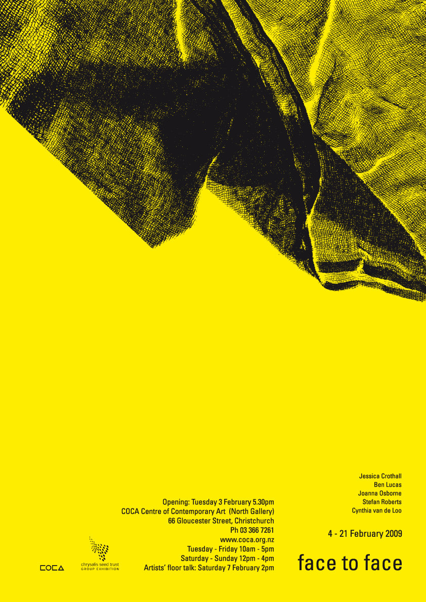 Face to Face exhibition - poster / postcard design for Chrysalis Seed group exhibition, CoCA, Christchurch.