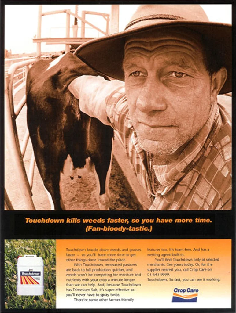 Crop Care – Magazine ad campaign for various brands under the Crop Care banner. 1 of 3. Yep, the farmer really did have his hand up the cow's butt!