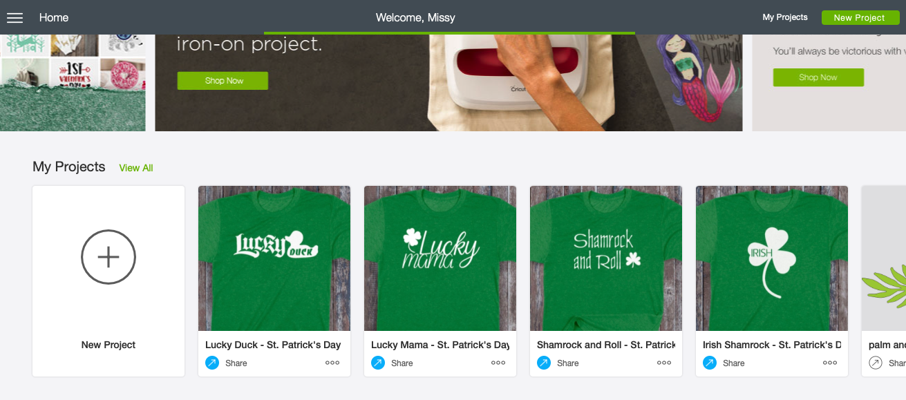 In my Cricut Design Space, the t-shirt designs are listed as MY Projects. I’ve shared them publicly and used Cricut Fonts and existing designs that you can use!