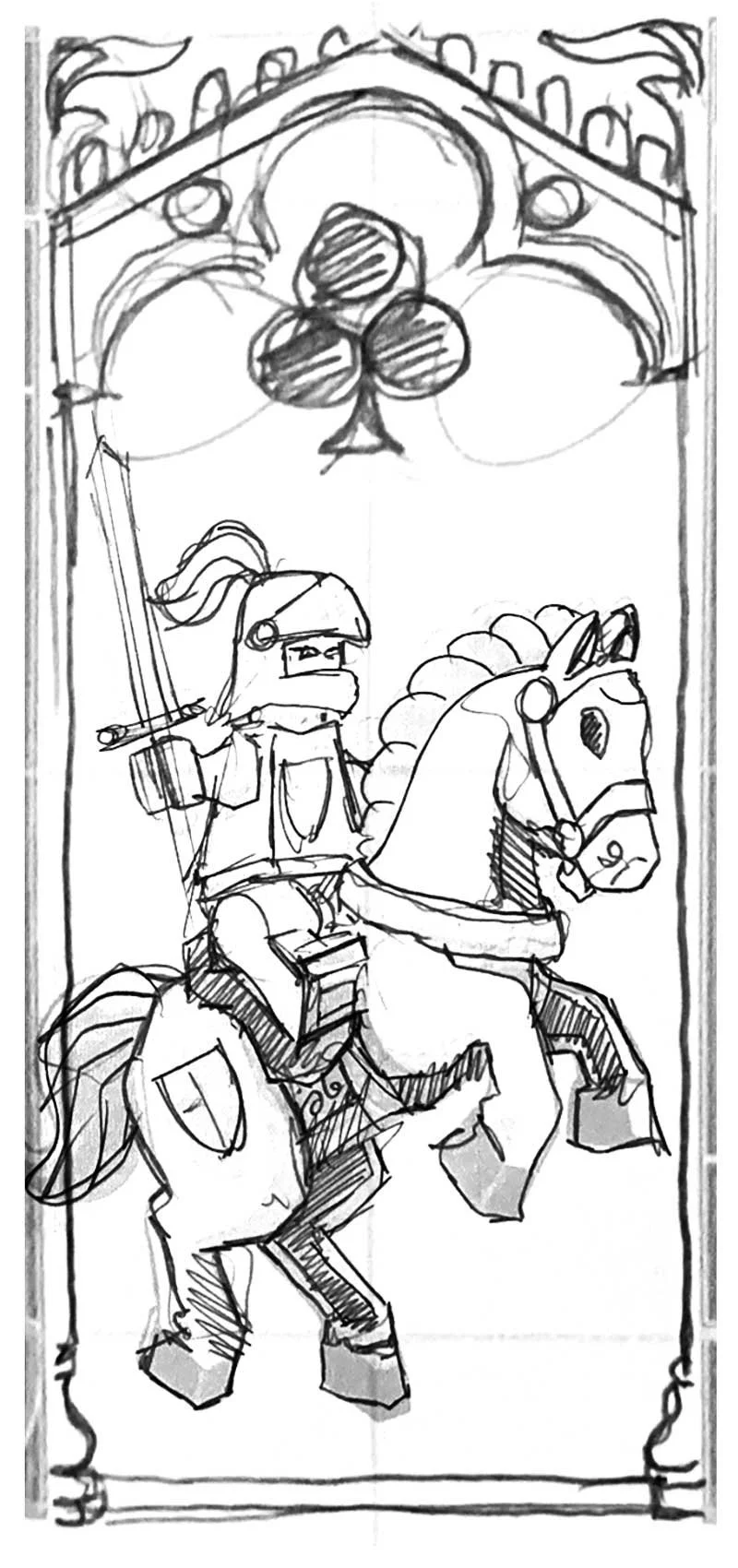 Jack of clubs sketch in a medieval style side horse profile knight