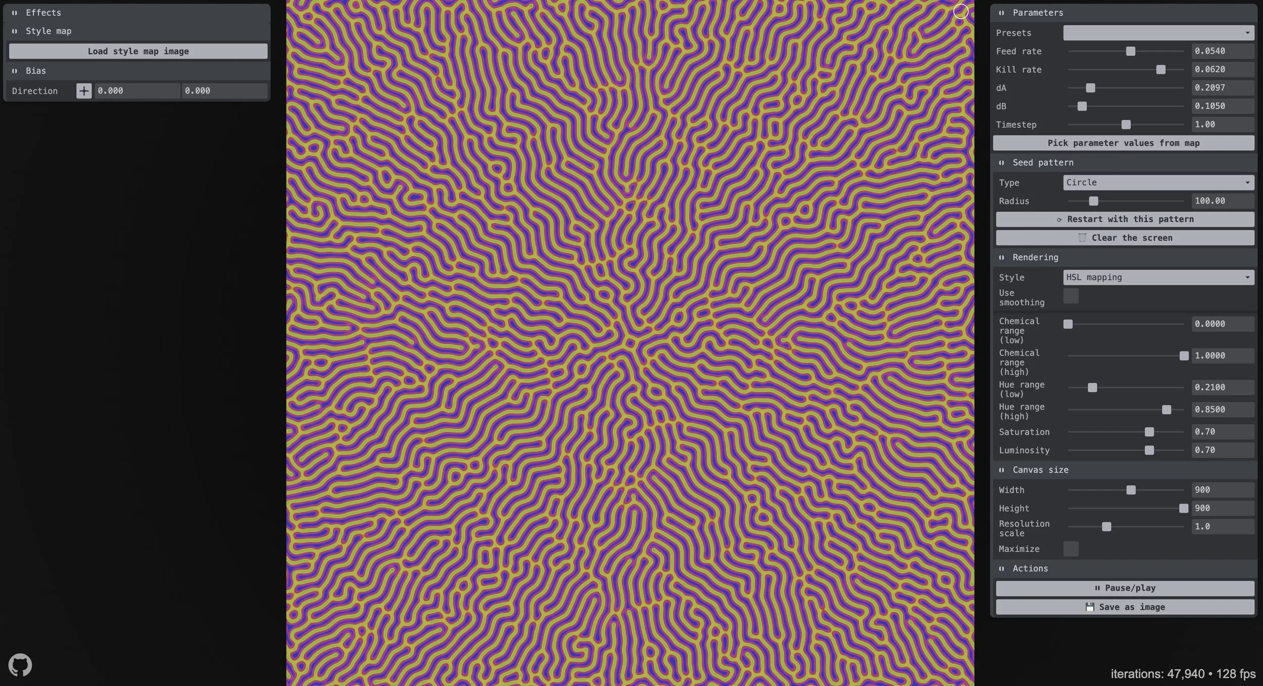 Reaction diffusion model live simulation using jasonwebb's reaction diffusion playground