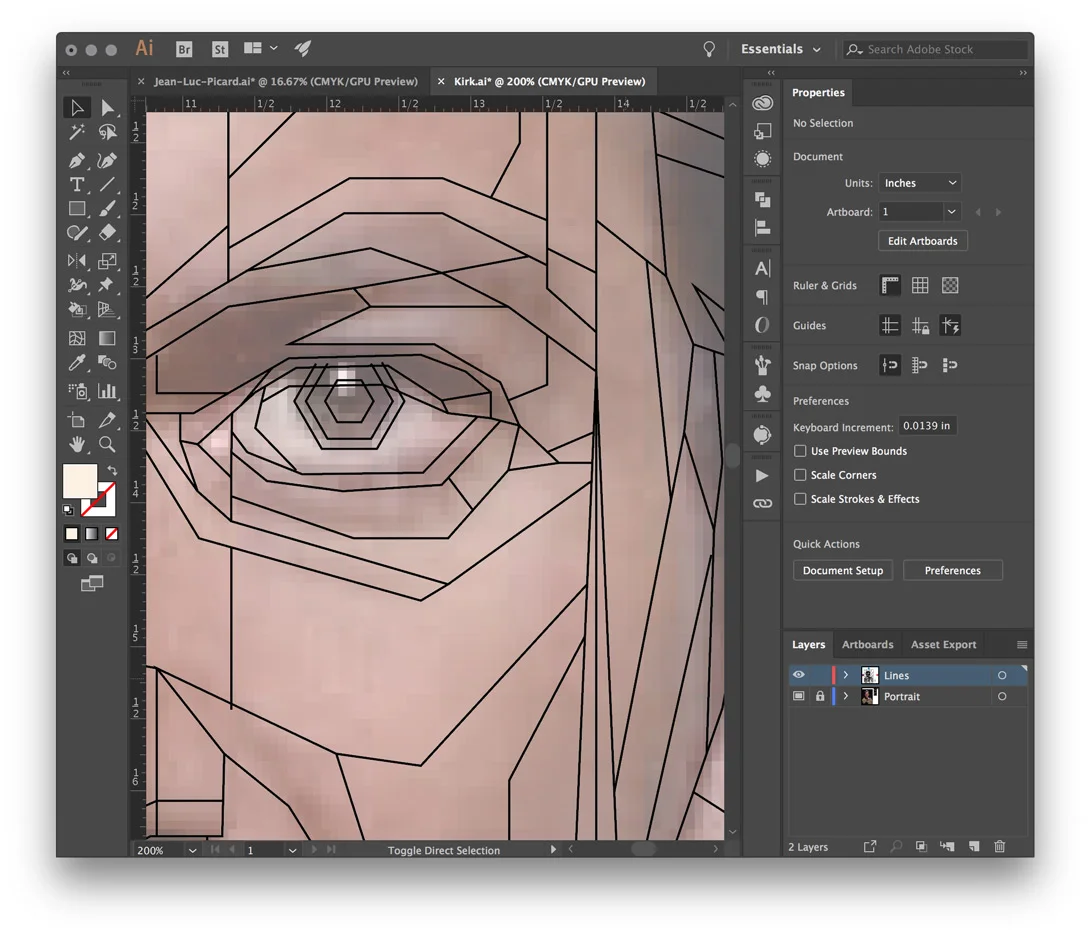 Eyes, ears, and usually lips will typically have more detail. The little light reflected in the eye is placed on a top layer at the very end (it's called a 'catchlight') and gives eyes a more lifelike appearance.